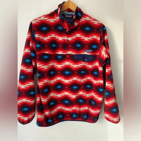 Patagonia Synchilla Jacket Women’s Large Aztec Red Wild Desert Print Snap T - Picture 1 of 9